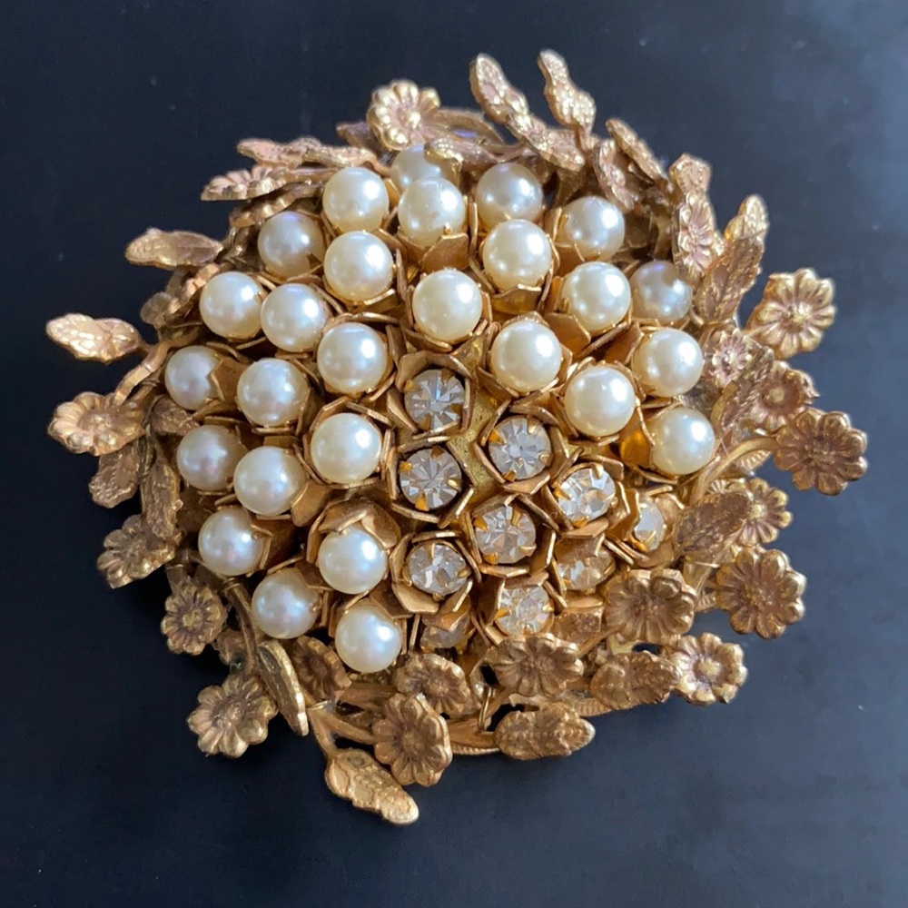 Miriam Haskell Pearl Gold Floral Brooch